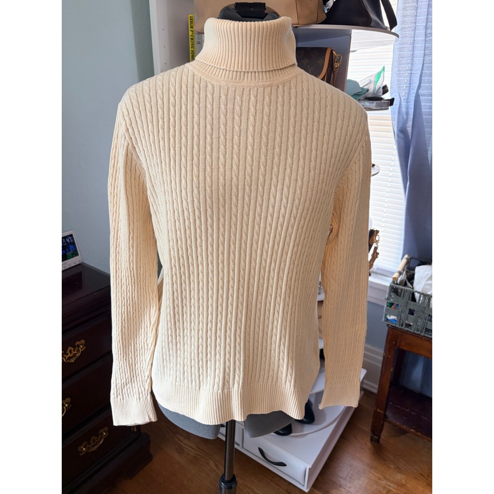 Jeanne Pierre Turtleneck Sweater Large Cream Cable Knit Cotton Preppy Minimalist